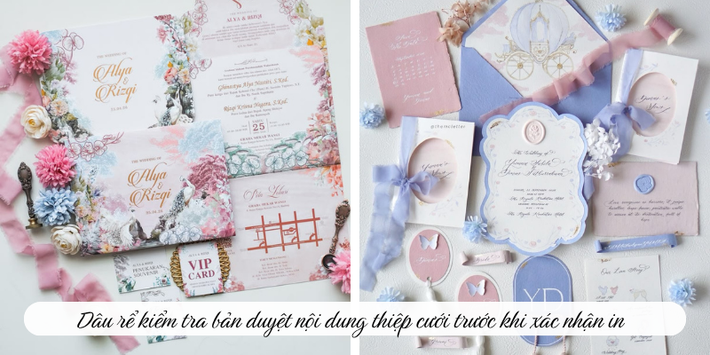 Dâu rể kiểm tra bản duyệt nội dung thiệp cưới trước khi xác nhận in