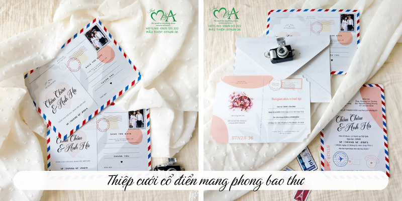 Thiệp cưới cổ điển mang phong bao thư 
