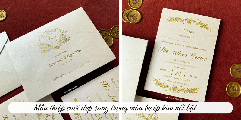 Mẫu thiệp cưới đẹp sang trọng màu be ép kim nổi bật