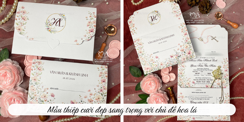 Mẫu thiệp cưới đẹp sang trọng với chủ đề hoa lá