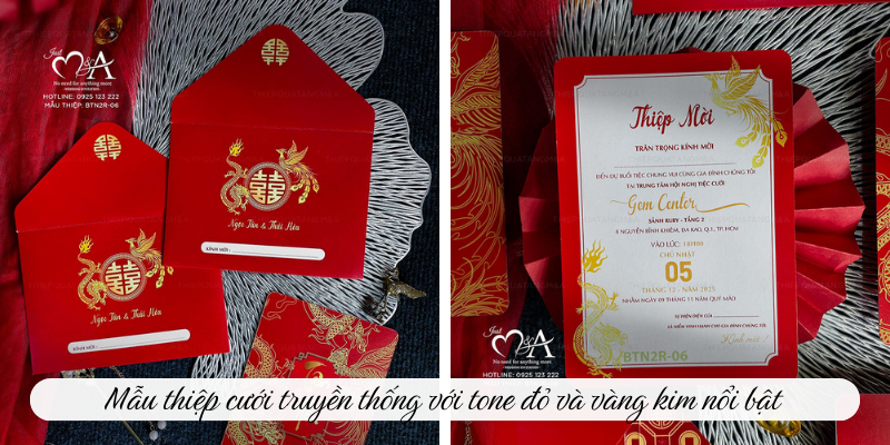 Mẫu thiệp cưới truyền thống với tone đỏ và vàng kim nổi bật 