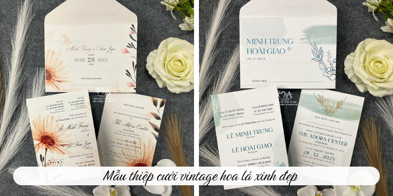 Mẫu thiệp cưới vintage hoa lá xinh đẹp