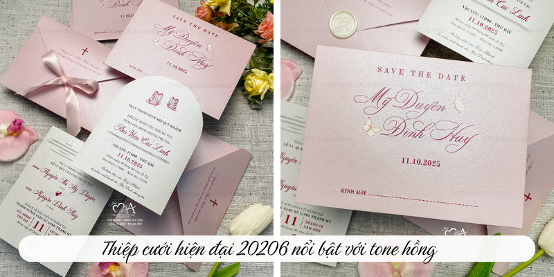 Thiệp cưới hiện đại 2026 nổi bật với tone màu hồng