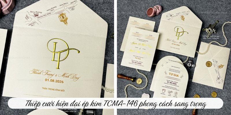 Thiệp cưới hiện đại ép kim TCMA-146 phong cách sang trọng