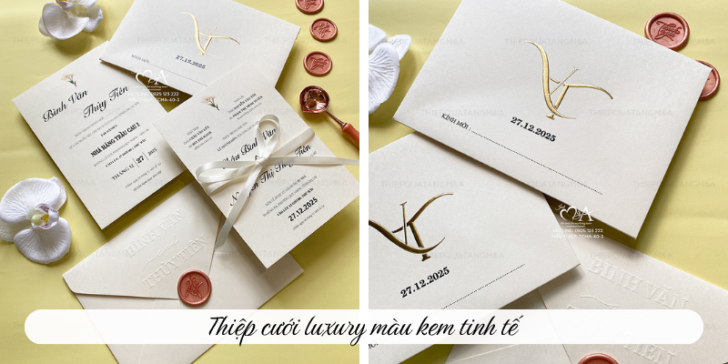 Thiệp cưới luxury màu kem tinh tế 