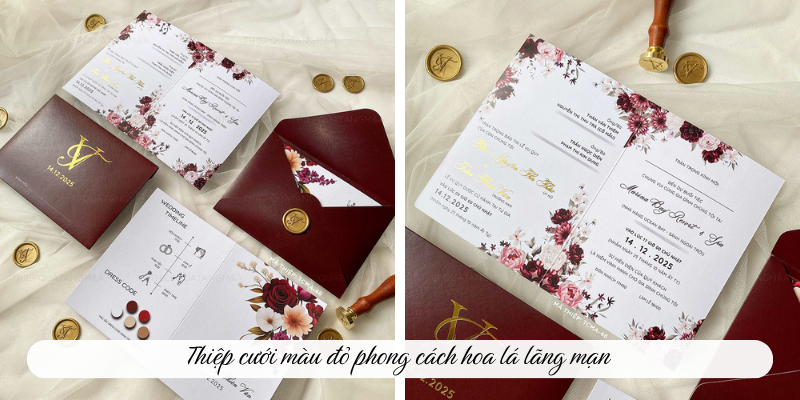 Thiệp cưới màu đỏ phong cách hoa lá lãng mạn