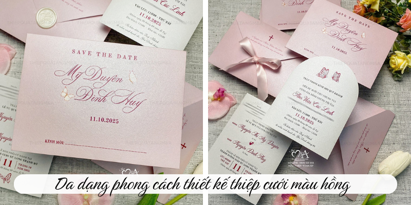 Đa dạng phong cách thiết kế thiệp cưới màu hồng 