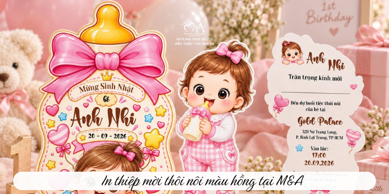 In thiệp mời thôi nôi màu hồng tại M&A