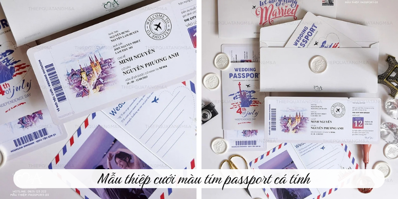 Mẫu thiệp cưới màu tím passport cá tính 