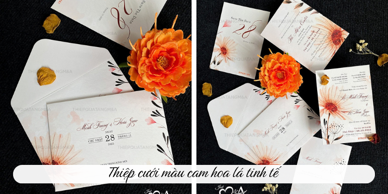 Thiệp cưới màu cam hoa lá tinh tế 