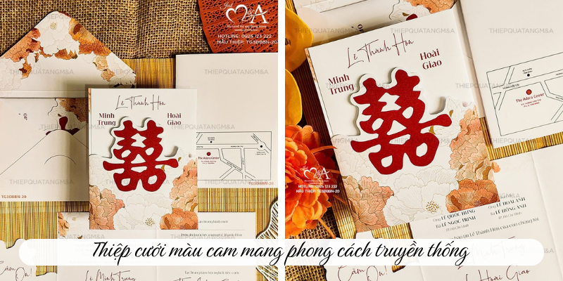 Thiệp cưới màu cam mang phong cách truyền thống 