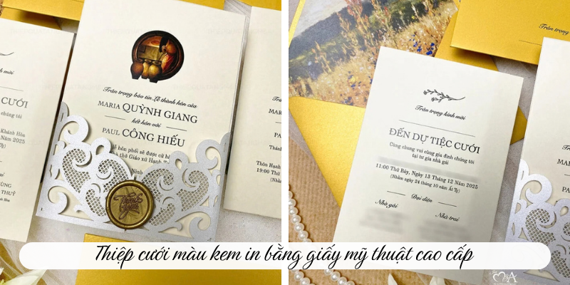 Thiệp cưới màu kem in bằng giấy mỹ thuật cao cấp 