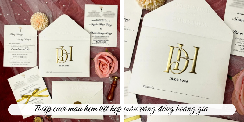 Thiệp cưới màu kem kết hợp màu vàng đồng hoàng gia 