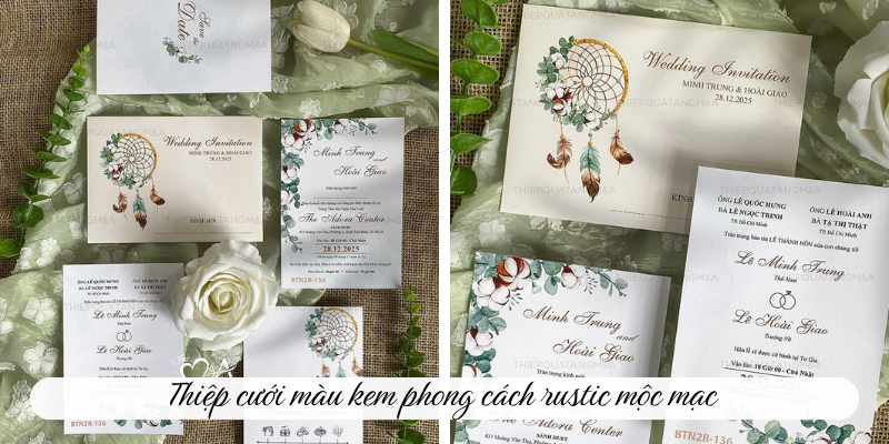 Thiệp cưới màu kem phong cách rustic mộc mạc 