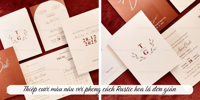 Thiệp cưới màu nâu với phong cách Rustic hoa lá đơn giản