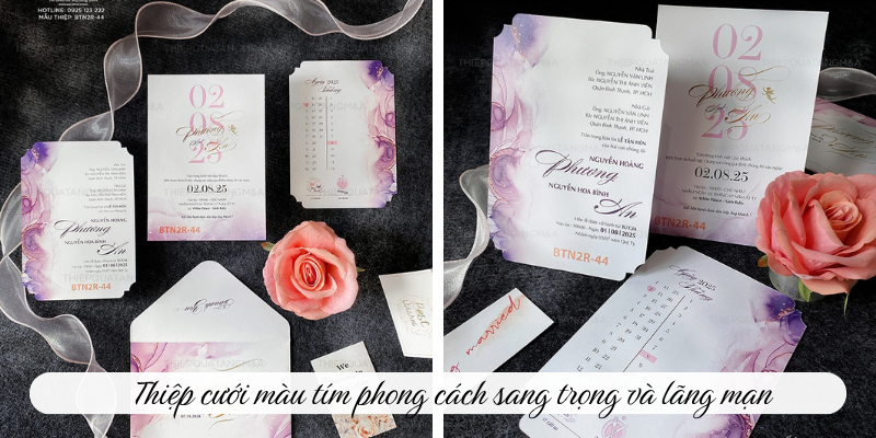Thiệp cưới màu tím phong cách sang trọng và lãng mạn 