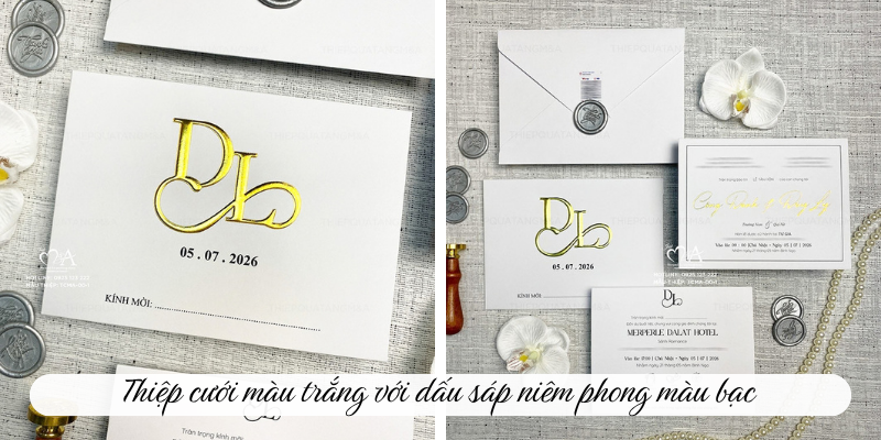 Thiệp cưới màu trắng với dấu sáp niêm phong màu bạc 