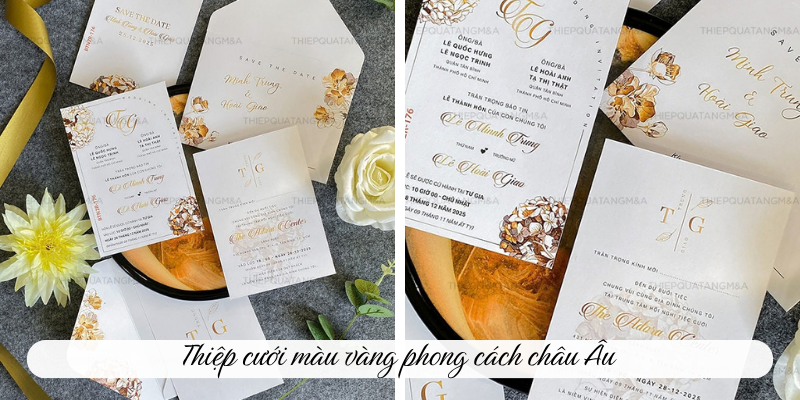 Thiệp cưới màu vàng phong cách châu Âu