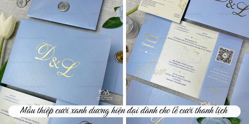 Mẫu thiệp cưới xanh dương hiện đại dành cho lễ cưới thanh lịch