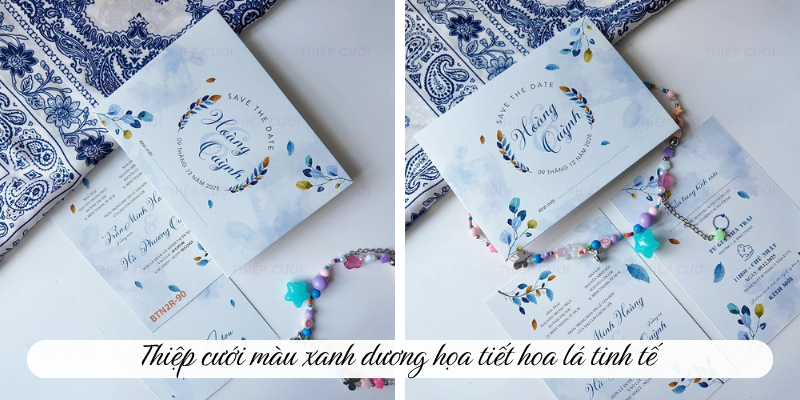 Thiệp cưới màu xanh dương họa tiết hoa lá tinh tế