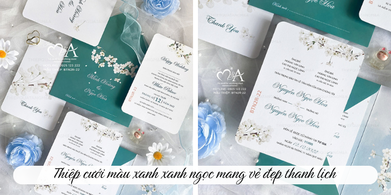 Thiệp cưới màu xanh xanh ngọc mang vẻ đẹp thanh lịch