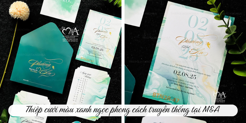 Thiệp cưới màu xanh ngọc phong cách truyền thống tại M&A
